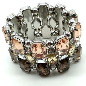 Crystal Rhinestone Stretch Bracelet Wide Amber Bronze Silver